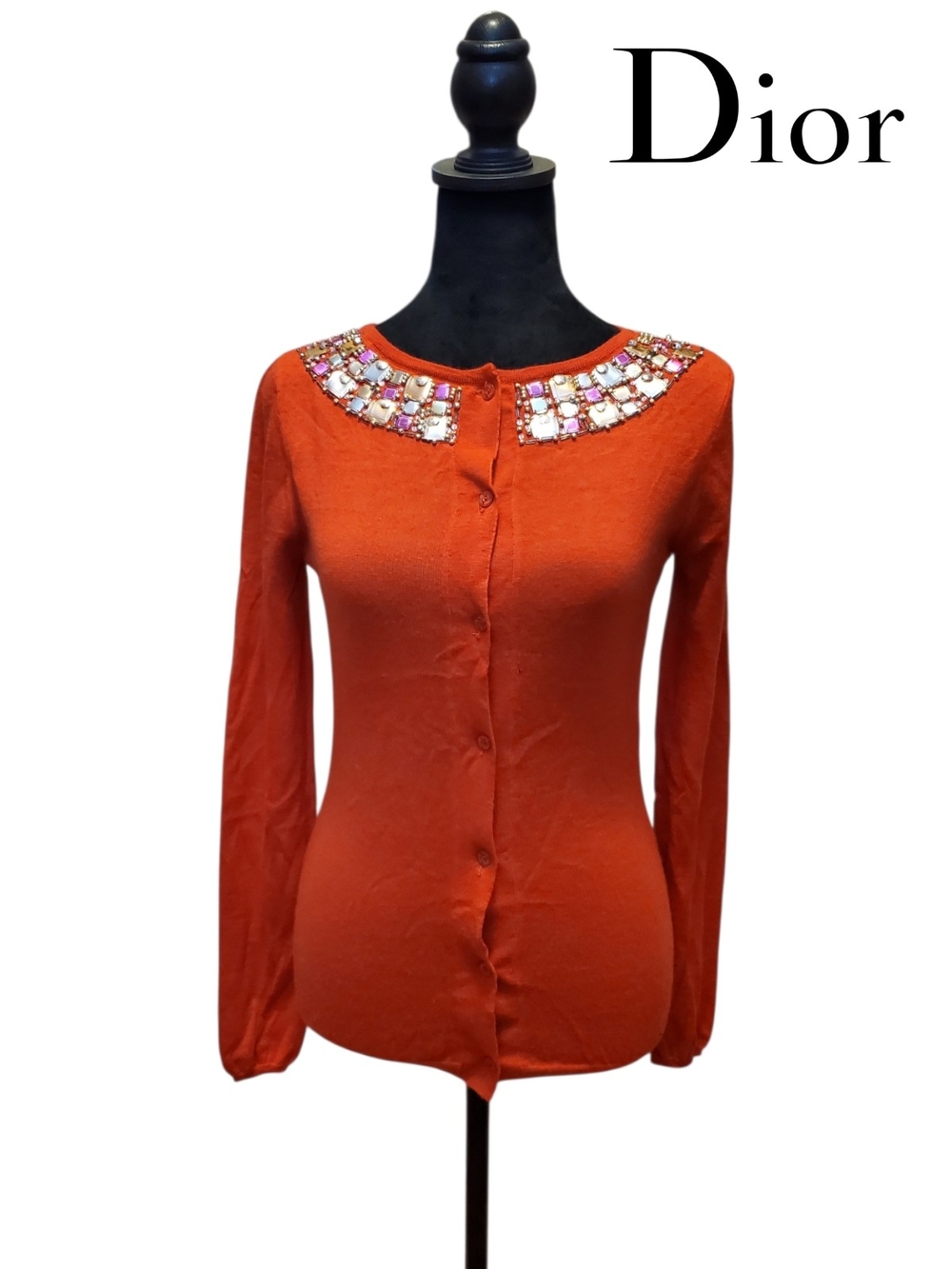 Christian Dior 2008 Runway Galliano Orange Cashmere Beaded Jewel Cardigan Size 6